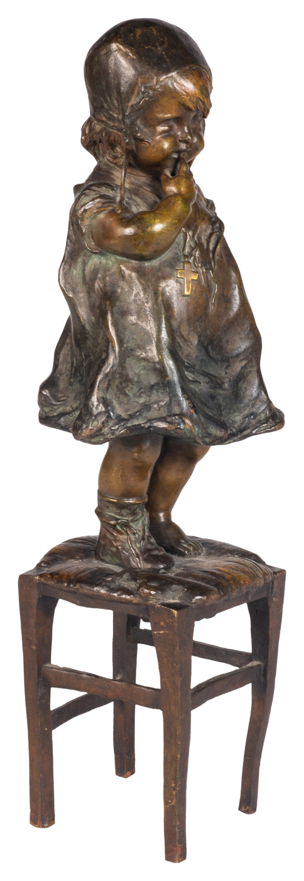 Bronze statue Young girl standing on a chair, by Juan Clara, circa 1880
