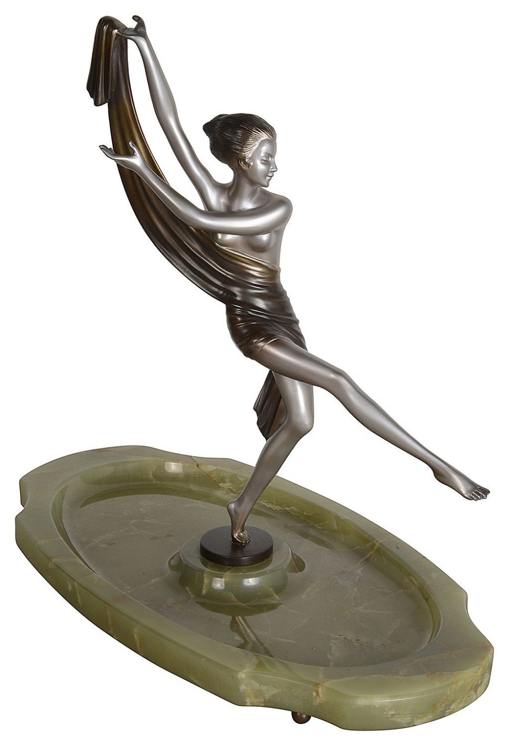 An Art Deco silvered bronze figure of a female dancer holding a draped cloth, mounted on an oval green onyx dish base.
