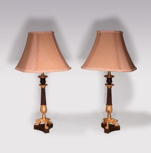 A PAIR OF19TH CENTURY BRONZE ORMOLU FLUTED CANDLESTICK LAMPS