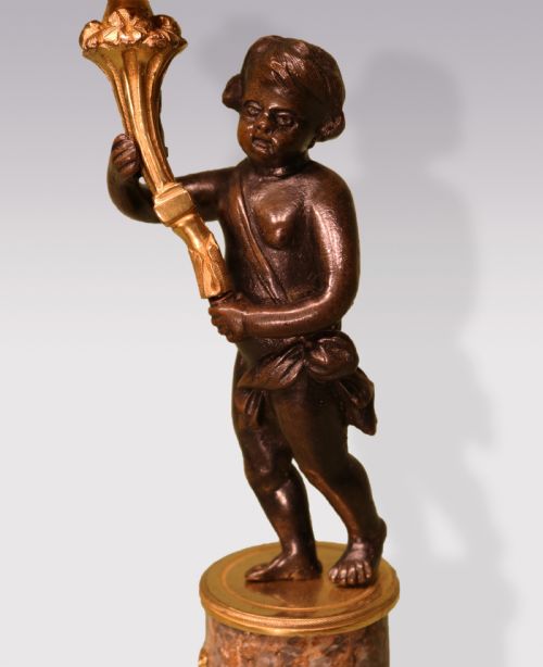 ANTIQUE PAIR OF BRONZE AND ORMOLU CHERUB CANDLESTICKS - ADDITIONAL PHOTO 3