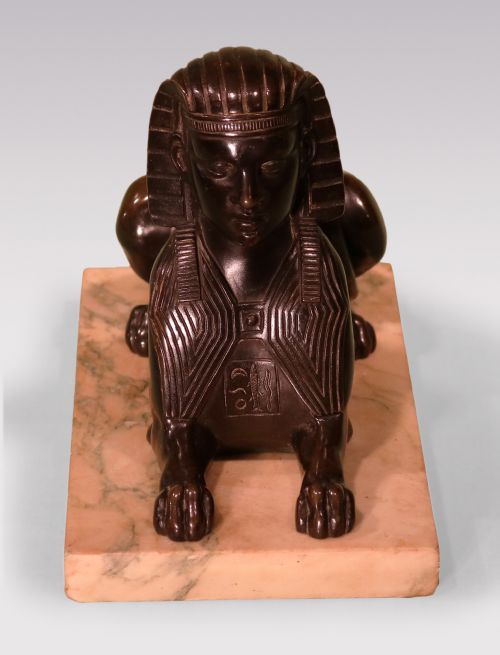 ANTIQUE REGENCY PERIOD BRONZE FIGURE OF A SPHINX ON A VEINED MARBLE BASE - ADDITIONAL PHOTO 2