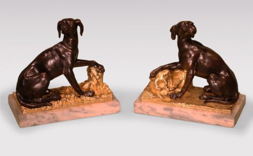 ANTIQUE MID 19TH CENTURY BRONZE AND ORMOLU HOUNDS WITH PHEASANTS