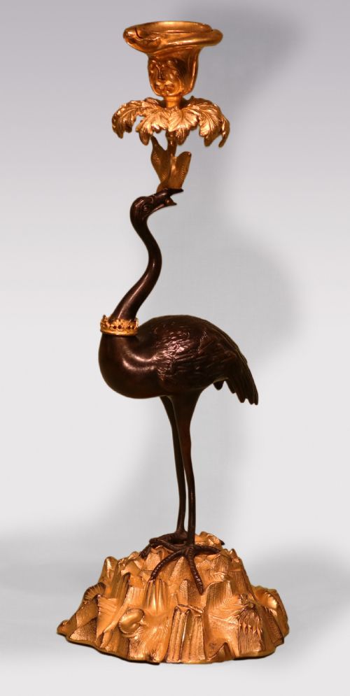 ANTIQUE PAIR OF MID 19TH CENTURY BRONZE AND ORMOLU STORK CANDLESTICKS - ADDITIONAL PHOTO 1