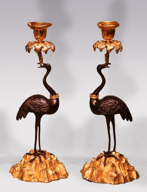 ANTIQUE PAIR OF MID 19TH CENTURY BRONZE AND ORMOLU STORK CANDLESTICKS - ADDITIONAL PHOTO 2