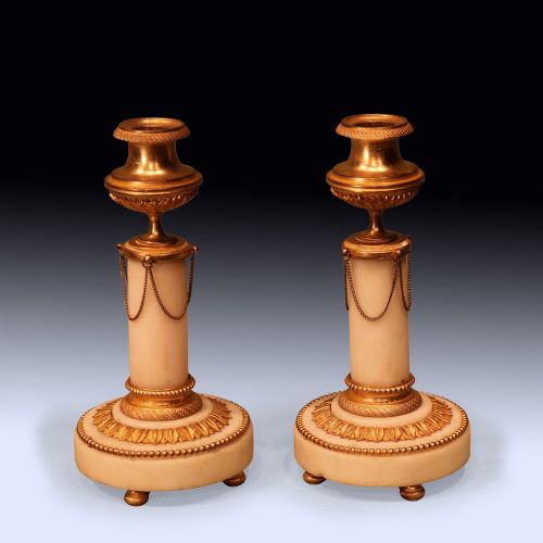 ANTIQUE PAIR OF 19TH CENTURY BRONZE AND ORMOLU AND WHITE MARBLE CANDLESTICKS