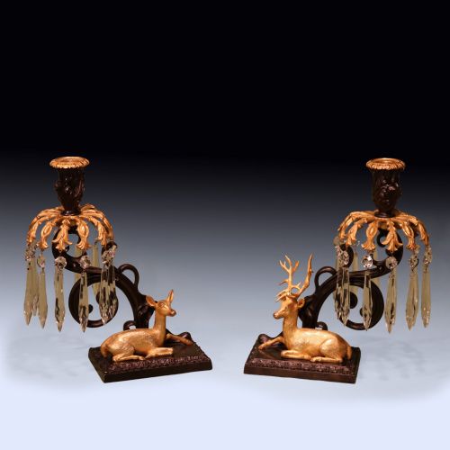ANTIQUE PAIR OF 19TH CENTURY BRONZE AND ORMOLU STAG AND DOE LUSTRE CANDLESTICKS
