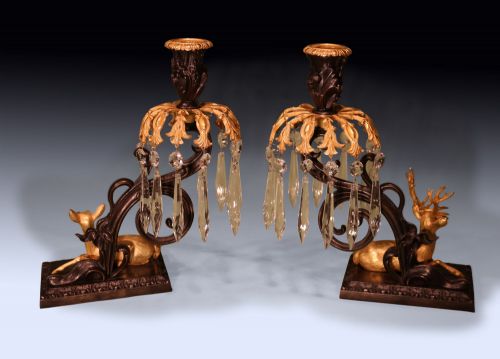 ANTIQUE PAIR OF 19TH CENTURY BRONZE AND ORMOLU STAG AND DOE LUSTRE CANDLESTICKS - ADDITIONAL PHOTO 1
