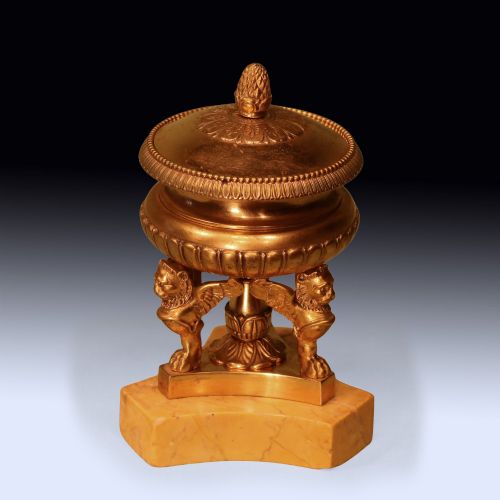 ANTIQUE EARLY 19TH CENTURY ORMOLU INKWELL ON A SIENNA MARBLE BASE