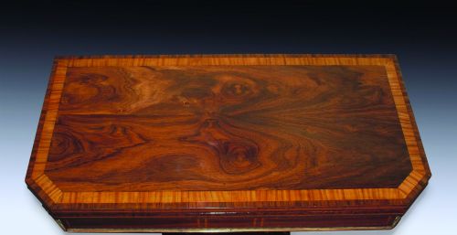 ANTIQUE REGENCY PERIOD ROSEWOOD AND SATINWOOD CARD TABLE ON SCROLL PEDESTAL BASE - ADDITIONAL PHOTO 1