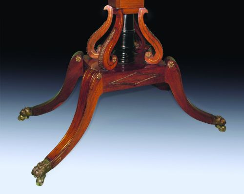 ANTIQUE REGENCY PERIOD ROSEWOOD AND SATINWOOD CARD TABLE ON SCROLL PEDESTAL BASE - ADDITIONAL PHOTO 2