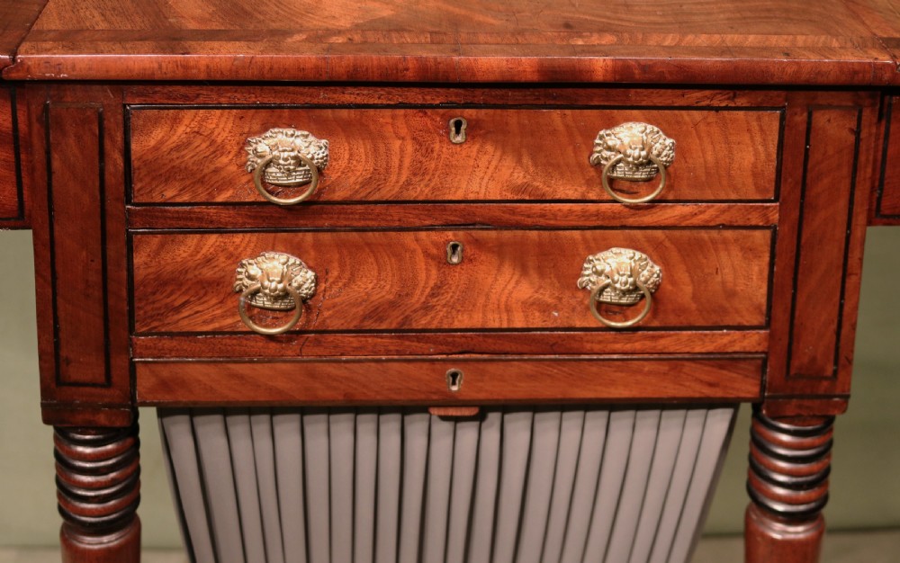 A Regency mahogany work table featuring two drop-leaf sides, two front drawers with brass lion-head ring handles, a pleated grey fabric basket below, and reeded legs on brass castors. View IV