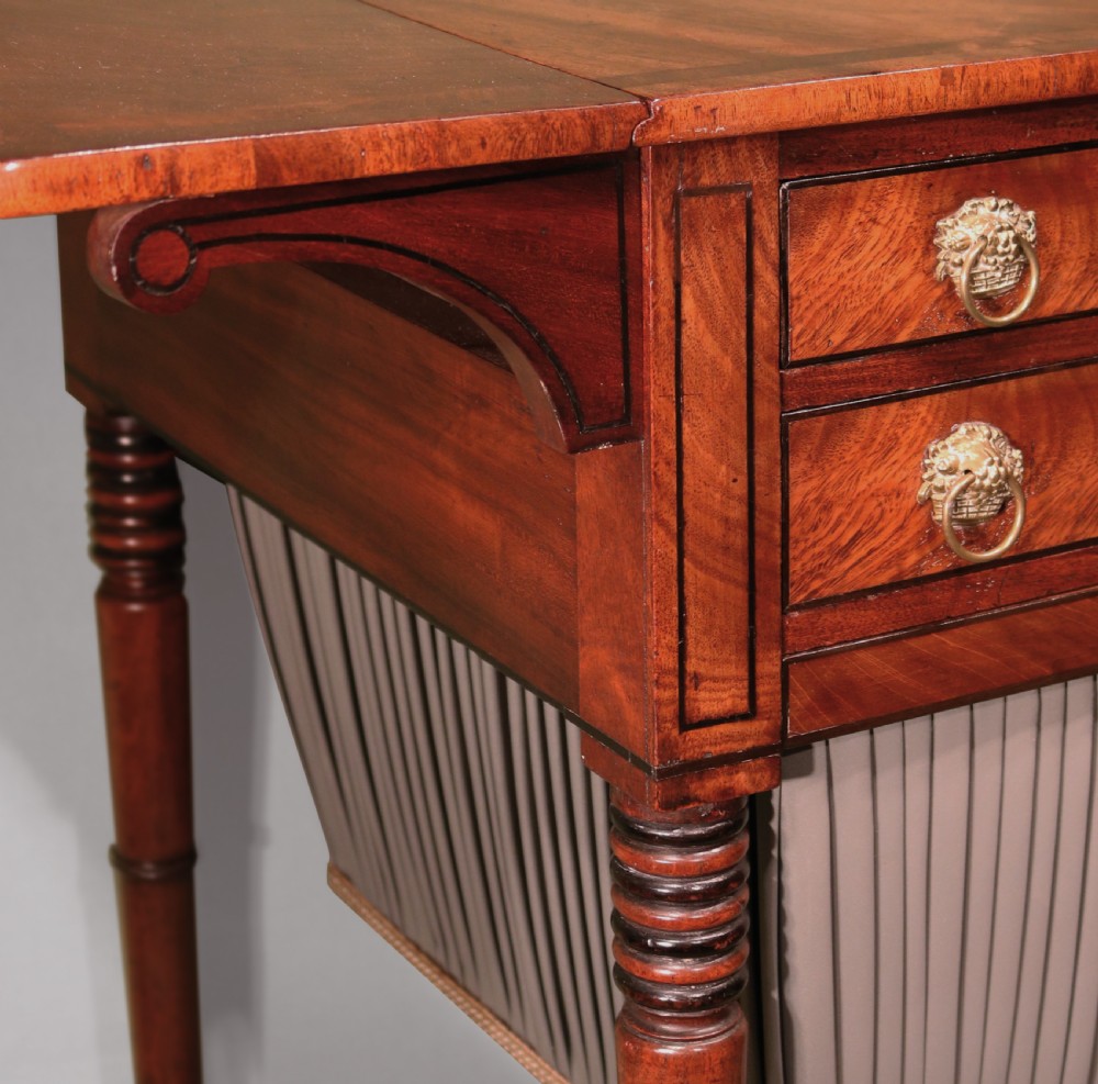 A Regency mahogany work table featuring two drop-leaf sides, two front drawers with brass lion-head ring handles, a pleated grey fabric basket below, and reeded legs on brass castors. View V