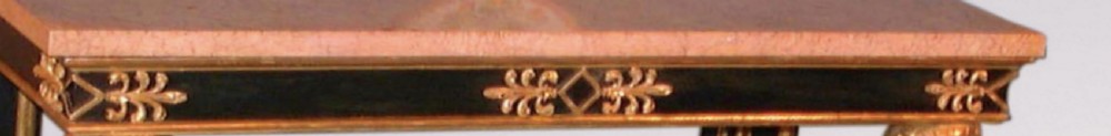 A Regency period console table featuring a pink marble top, a black painted frame with gilded lion monopodia front legs, and a low plinth base. View IV