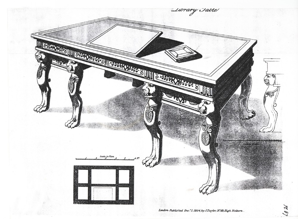 A Regency period console table featuring a pink marble top, a black painted frame with gilded lion monopodia front legs, and a low plinth base. View V