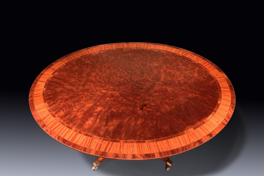 An antique George III oval mahogany breakfast table featuring satinwood crossbanding set on a central pedestal base with four splayed legs and brass castors. View III