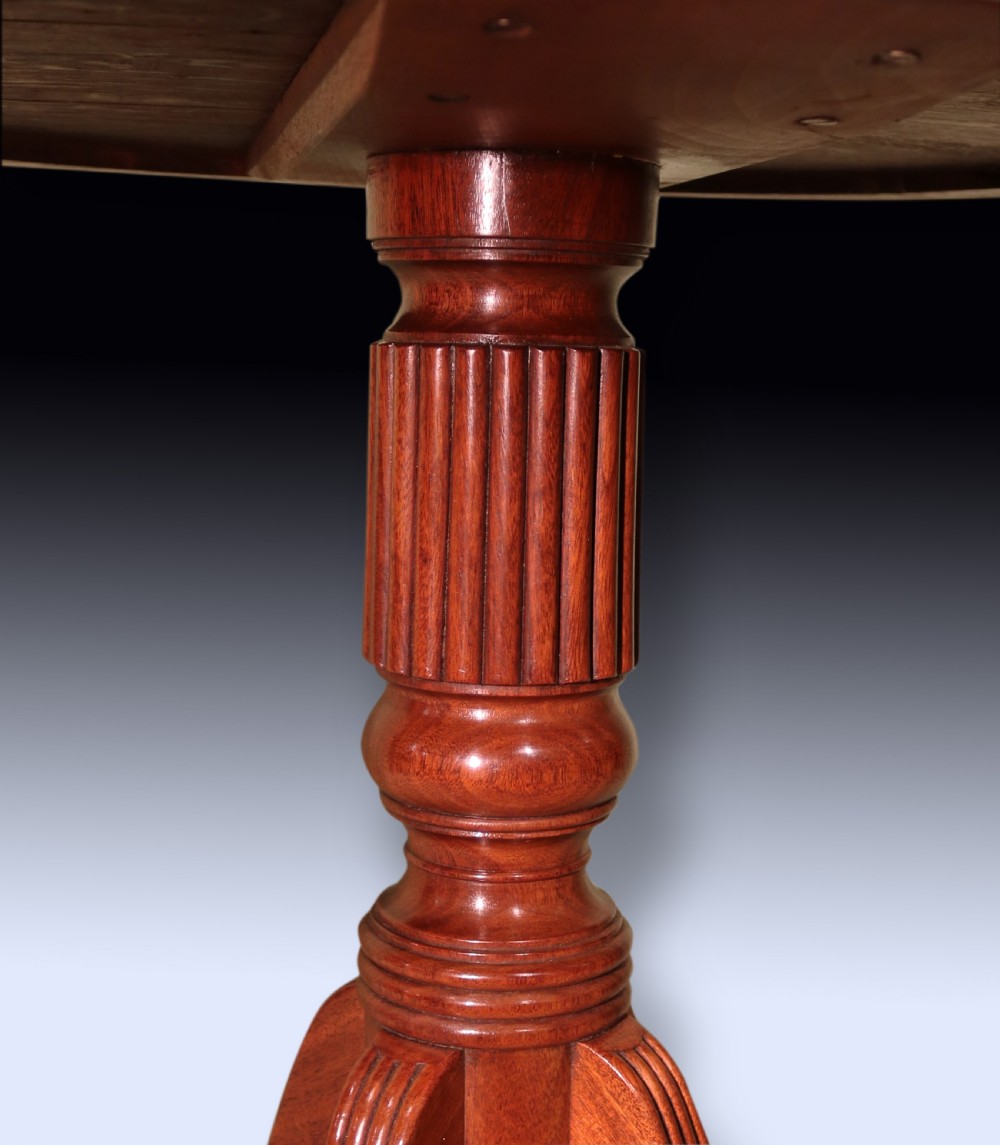 An early 19th-century circular mahogany drum table with perimeter drawers, a reeded central pedestal, and four splayed legs with brass castors. View V