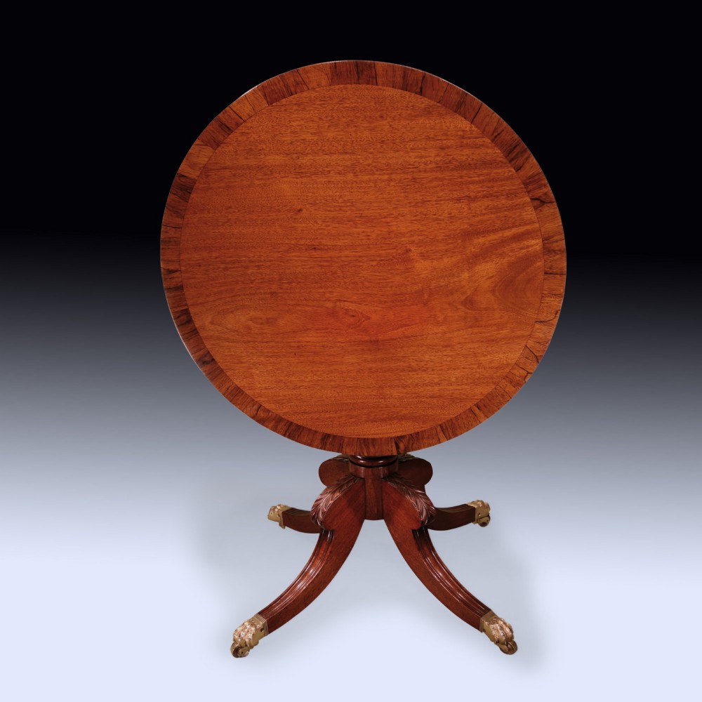 A circular mahogany occasional table featuring a crossbanded top, turned central pedestal, and four splayed legs with brass lion paw feet. View II