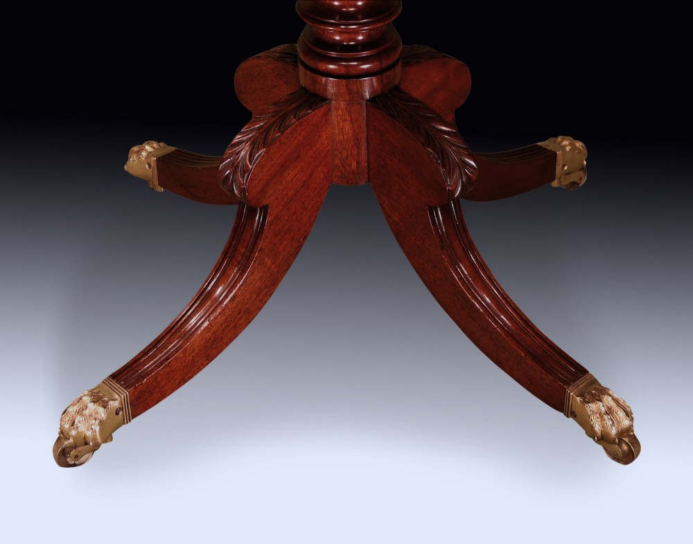 A circular mahogany occasional table featuring a crossbanded top, turned central pedestal, and four splayed legs with brass lion paw feet. View IV