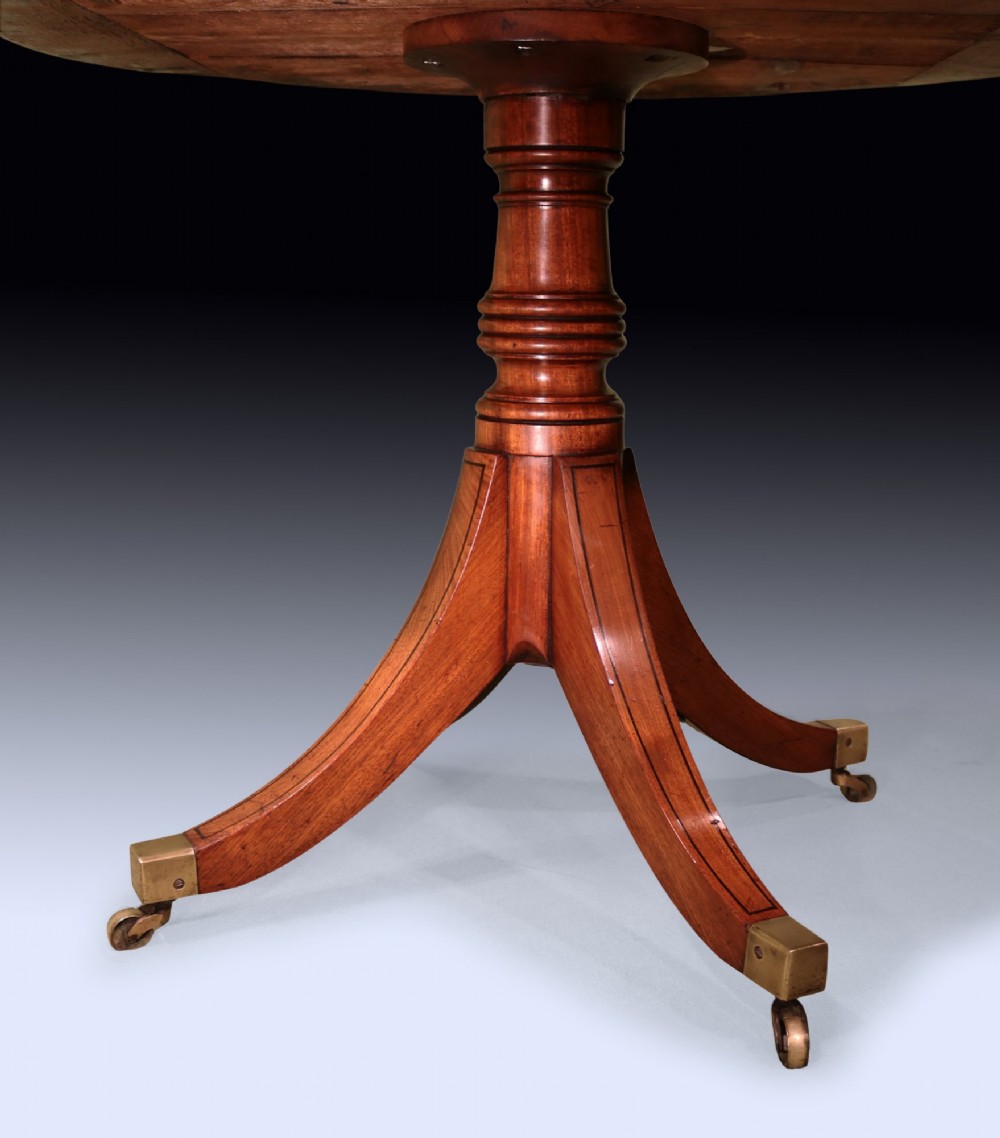 A George III mahogany drum table featuring a circular top with drawers around the apron, supported by a turned pedestal column and four splayed legs with brass castors. View V