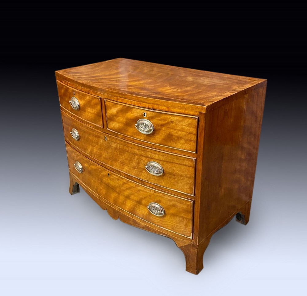 A George III bow-fronted satinwood chest of drawers with two short over two long drawers and oval brass handles.