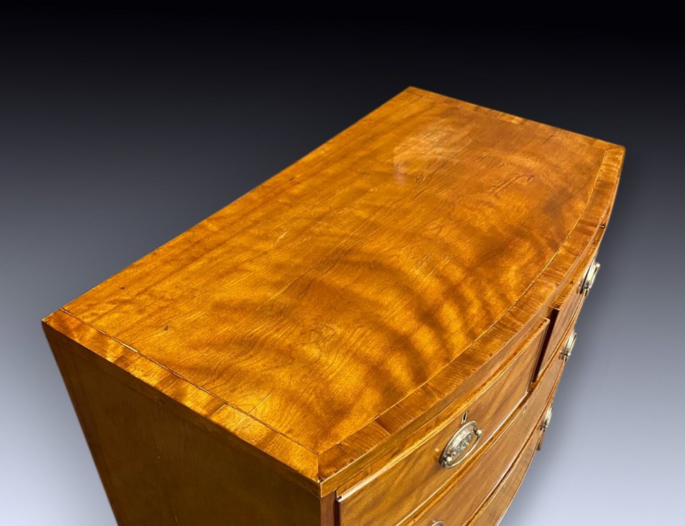 A George III bow-fronted satinwood chest of drawers with two short over two long drawers and oval brass handles. View III