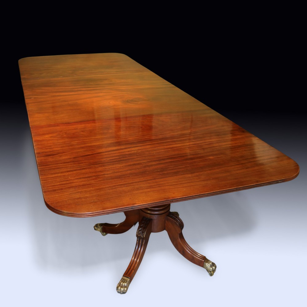 An early 19th-century mahogany twin pedestal dining table featuring rounded ends, turned central columns, reeded splayed legs, and brass claw castors. View VI