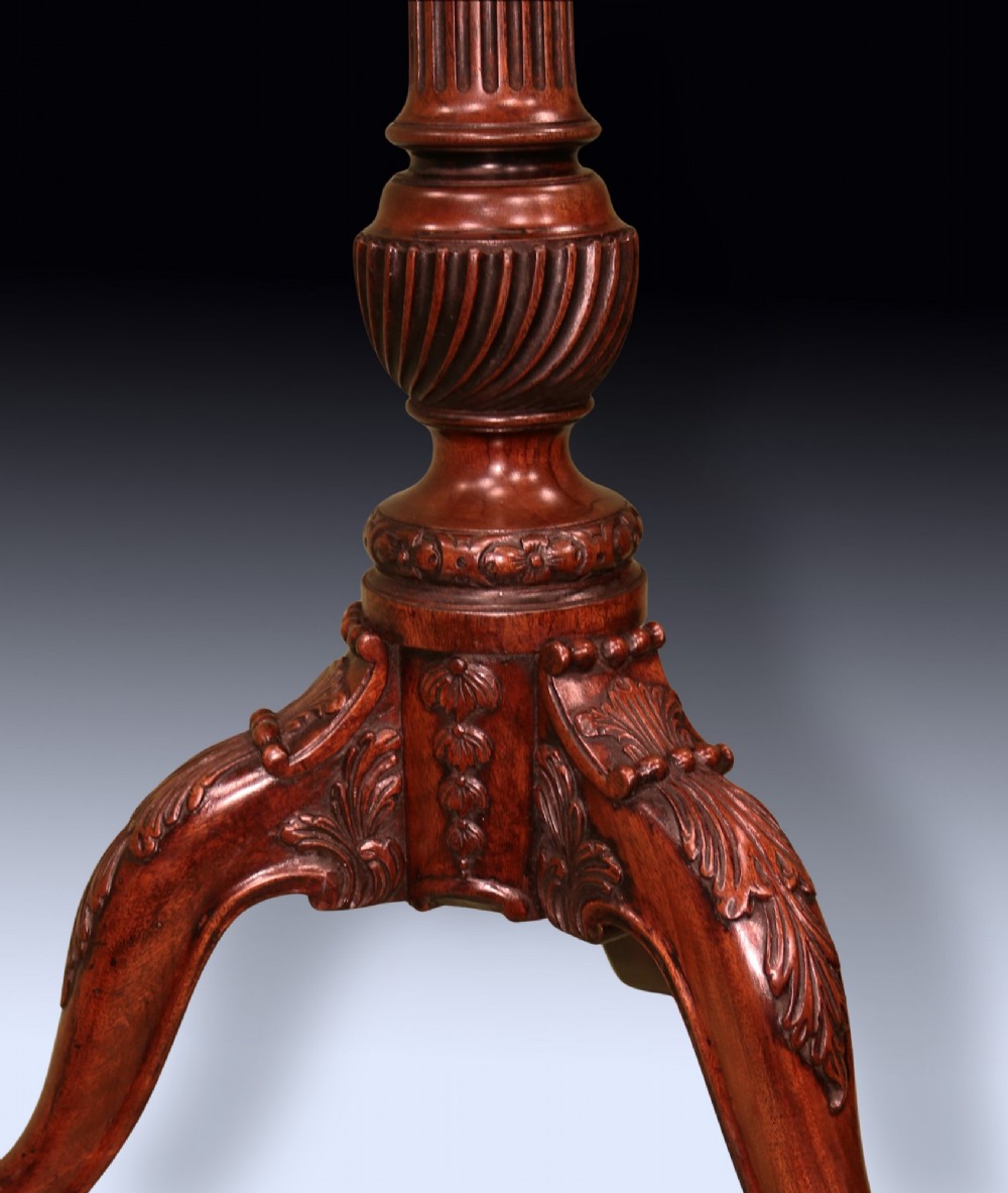 A dark mahogany tripod kettle stand featuring an octagonal tray top, fluted column stem, and carved acanthus leaf cabriole legs with scroll feet. View III