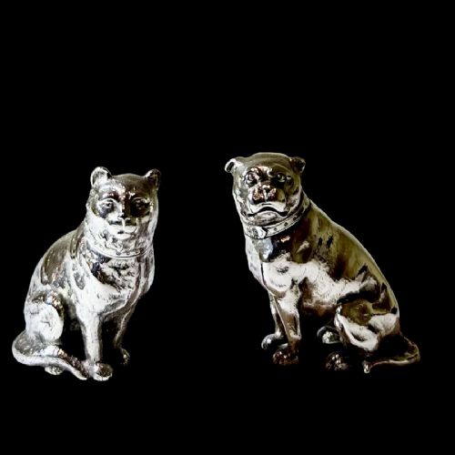 Antique Victorian Sterling Silver Pair Cat and Dog Peppers London 1874 E H Stockwell
