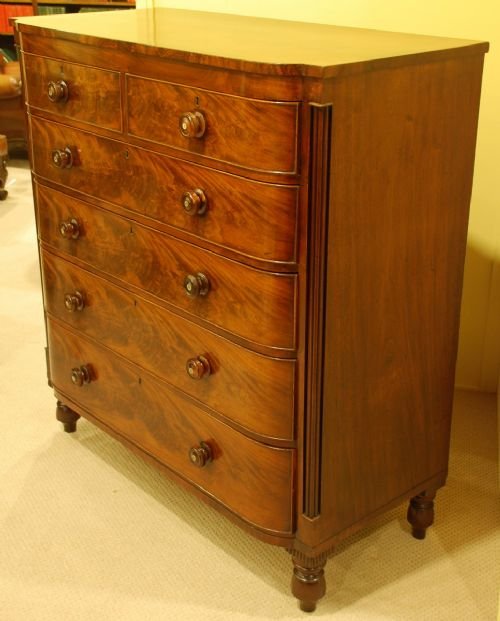 fig 1. A Lovely George IV Flame Mahogany and Inlaid Six Drawer Chest of Drawers Circa 1830