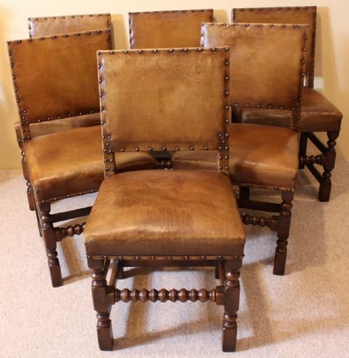Six Victorian Oak Leather Dining Chairs