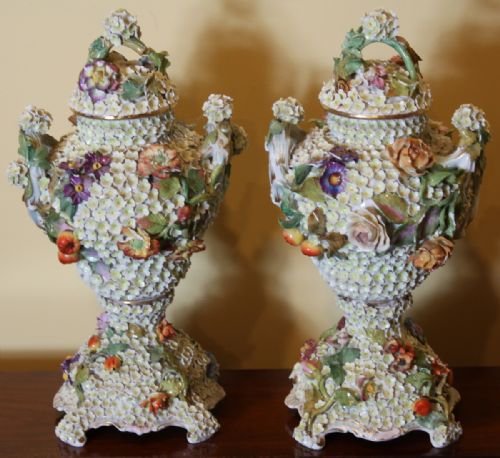 Pair of 19th Century Continental Floral Encrusted Vases