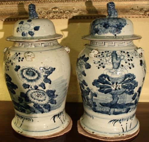 A Pair of Late 18th Century Chinese Blue and White Temple Vases