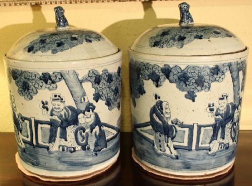 A Pair of Unusual Chinese Blue and White Large Jars