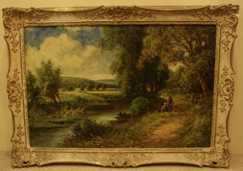 Oil on Canvas of Figures by a River in a Wooden Landscape