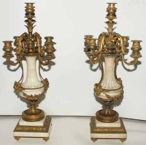 Pair of Ormolu and Carrara Marble 5 Branch Candelabrum