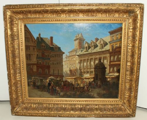 Oil on Canvas of a Continental Flower Market