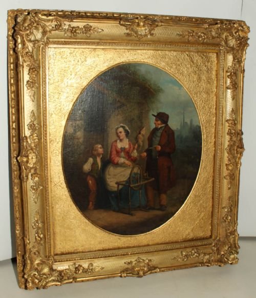 Oval Oil on Canvas Scene with Woman Spinning and Other Figures