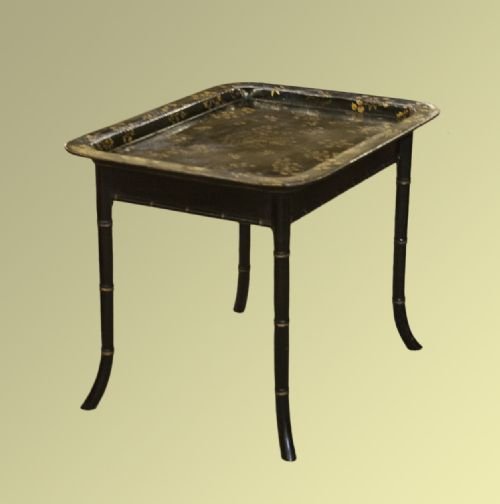 Gilt Decorated Papier-mache Tray on Simulated Bamboo Stand