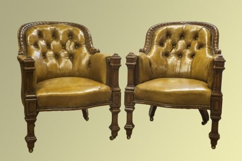 Pair of Victorian Gothic Oak and Button Tub Library Chairs