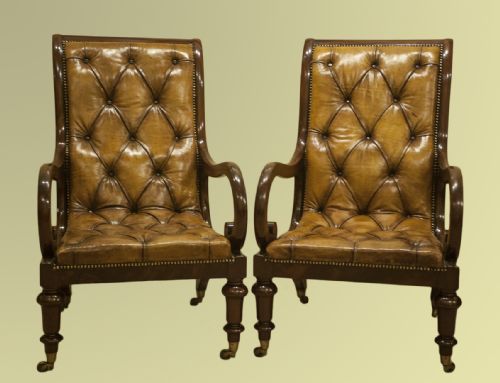 Fine Pair of Cuban Mahogany William IV Open Arm Library Chairs