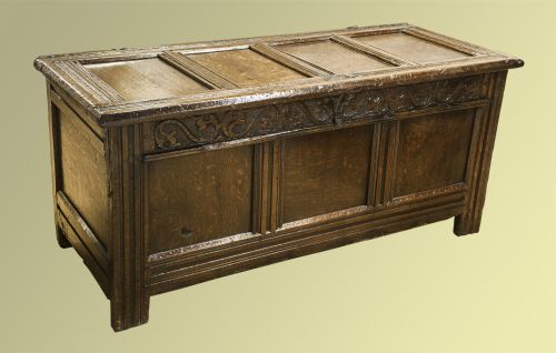 18th Century Oak Four Panel Coffer with Original Carving