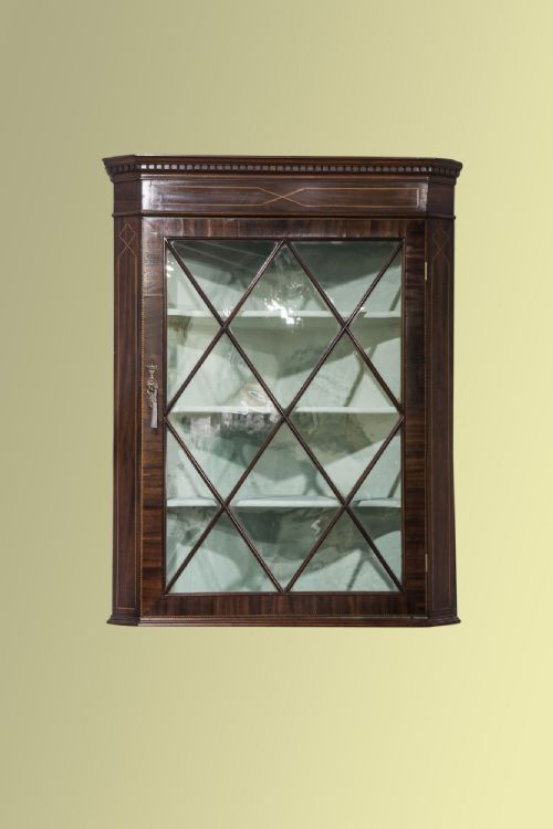 Mahogany Regency Corner Cupboard with Satinwood Inlaid Astrigal Glazed Door