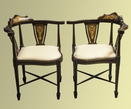 Pair of Edwardian Corner Chairs with Bone and Satinwood Inlay