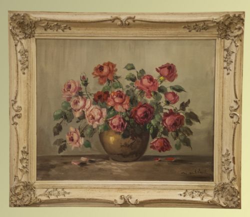 An Enchanting Oil of Pink Vases in a Gold Vase with a Very Complimentary Frame