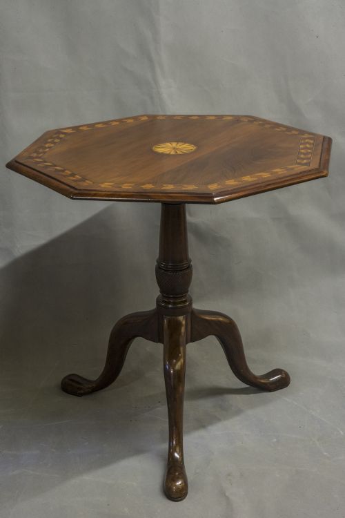 19thc Octagonal Inlaid Mahogany Tilt Top Tripod Table