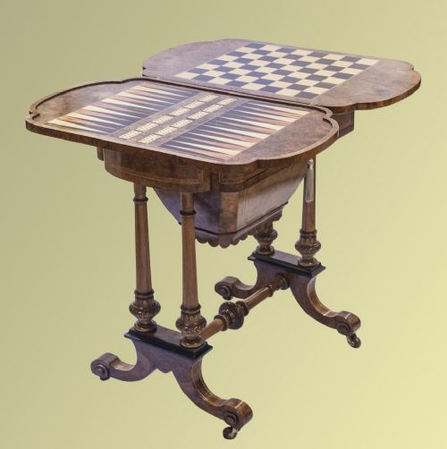 Victorian Burr Walnut and Marquetry Inlaid Work/games Table