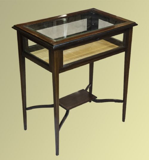Edwardian Inlaid Mahogany Bijouterie Table with Bevelled Plate Glass Top