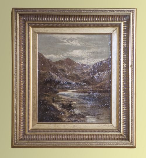 Charles Leshe Late 19th Century Oil on Canvas, Highland Scene with Figure Fishing on Bank