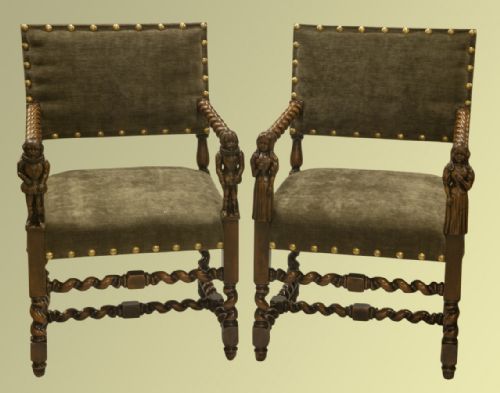 Pair of 19th Century Carved and Barley-twist Framed Walnut Arm Chairs