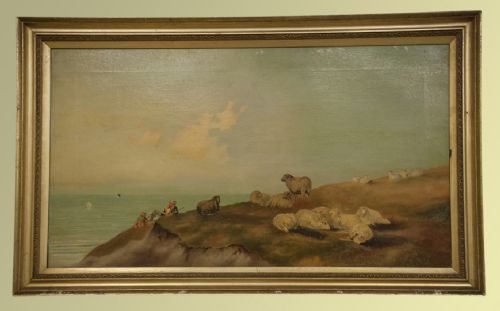 19th Century Oil on Canvas Sheep and Shepards Over Looking Sea